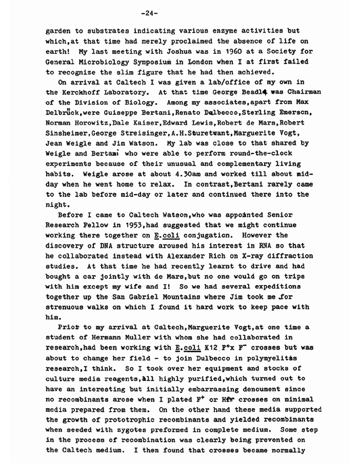 NLM pirated bbgbow A viewpoint of Aspects of a History of Genetics by William Hayes (pp 16-26, JL no longer researcher on p23) p24